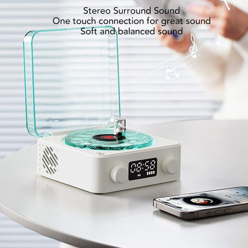 Vintage Record Model Player Bluetooth Speaker, Turntable Stereo Speaker with Clock and Soft Night Light, Vintage Phonograph Record Player for Home Bedroom (White)