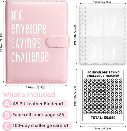 100 Envelope Challenge Binder, Budget Planner Saving Wallet