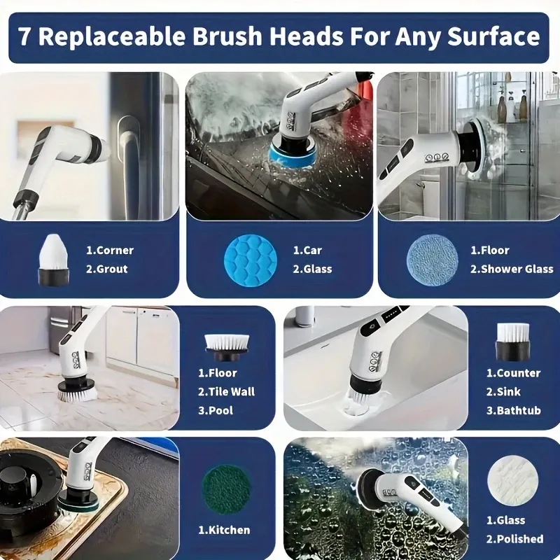 7-in-1 Electric Cleaning Brush, Electric Rotating Floor Brush, Cordless Electric Rotating Brush, with 7 Replaceable Brush Heads and Adjustable Telescopic Handle, Suitable for Floors, Bathrooms, Bathtubs, and Tiles