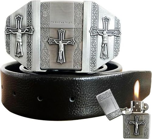 Jesus Cross Men Leather Belts,Hidden Lighter Black Belt - In God We Trust