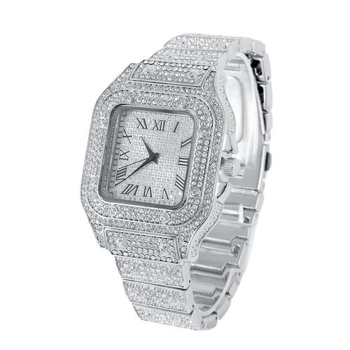 Fashionable and luxurious hip-hop square Roman diamond steel band quartz watch + oval hip-hop diamond bracelet