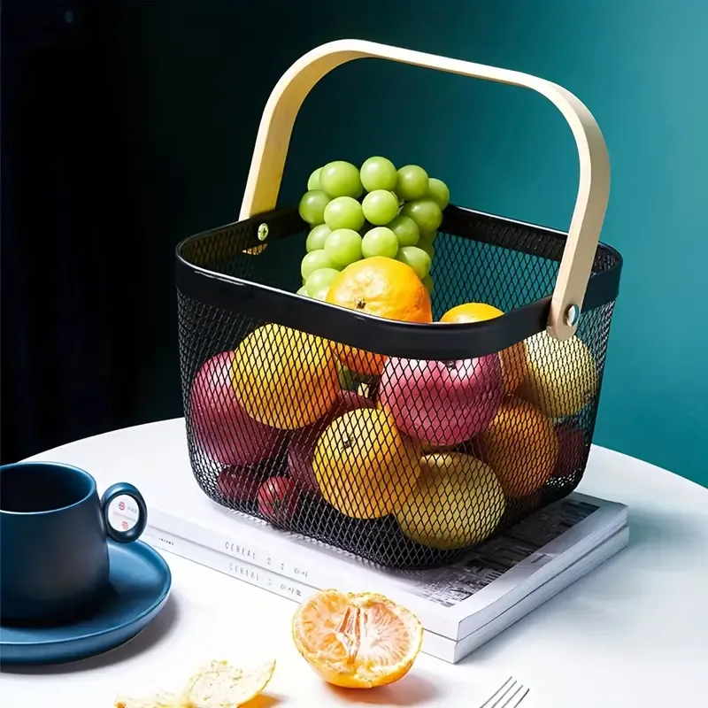 2pcs Square Metal Mesh Fruit Baskets with Wooden Handles