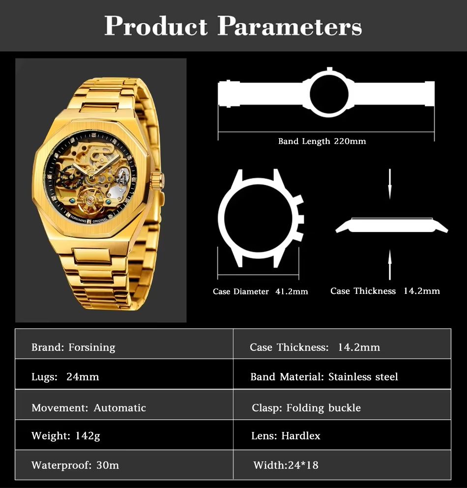 Relógio automático masculino dourado