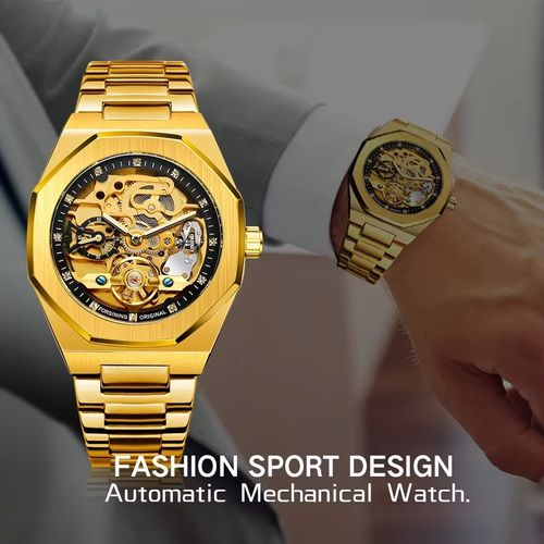 Relógio automático masculino dourado