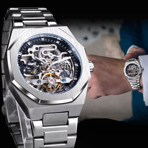 Relógio automático masculino prateado