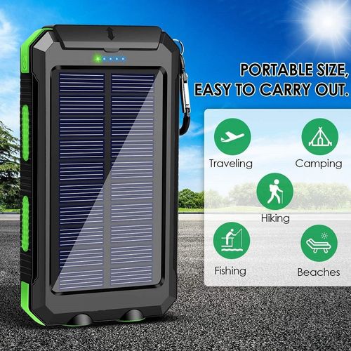 Solar Power Bank: 20000mAh 15W fast charging, 4 built-in cables, 6 outputs, 3 inputs, solar charging, dual flashlights, carabiner, fits all devices.