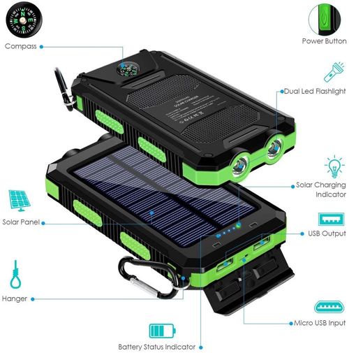 Solar Power Bank: 20000mAh 15W fast charging, 4 built-in cables, 6 outputs, 3 inputs, solar charging, dual flashlights, carabiner, fits all devices.