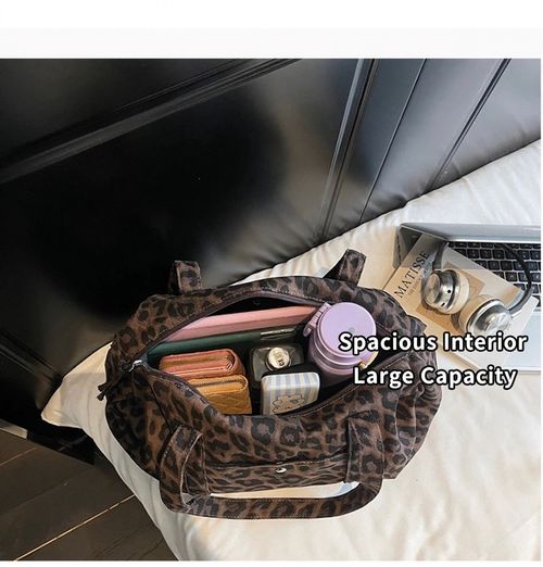 Leopard Print Large Gym Bag – Spacious 40x27x7cm, Canvas Duffle Bag for Women, Perfect for Fitness & Travel!