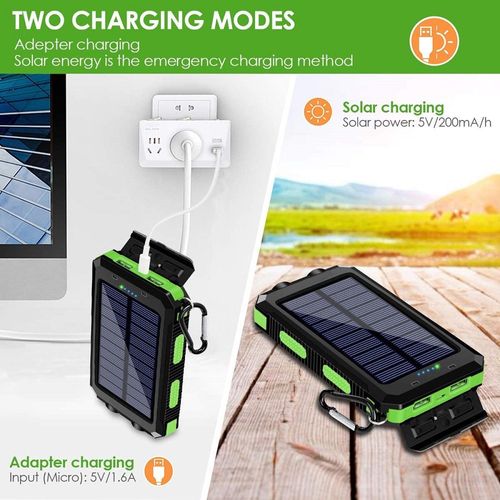 Solar Power Bank: 20000mAh 15W fast charging, 4 built-in cables, 6 outputs, 3 inputs, solar charging, dual flashlights, carabiner, fits all devices.