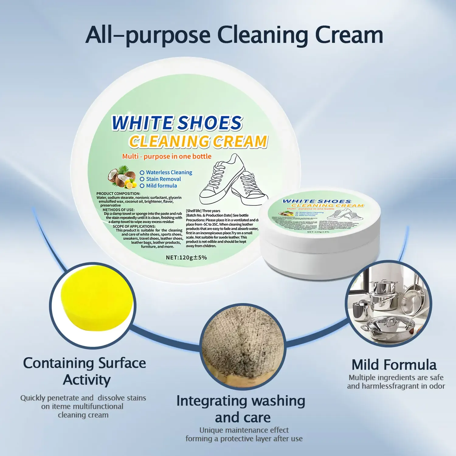 Multi-Purpose White Shoes Cleaning Cream - Sneaker Stain Remover, Fast Stain Removal, Easy to Use, No Water Needed, Non-Damaging for Leather Furniture, Tiles (Home Improvement Cleaning Tool)