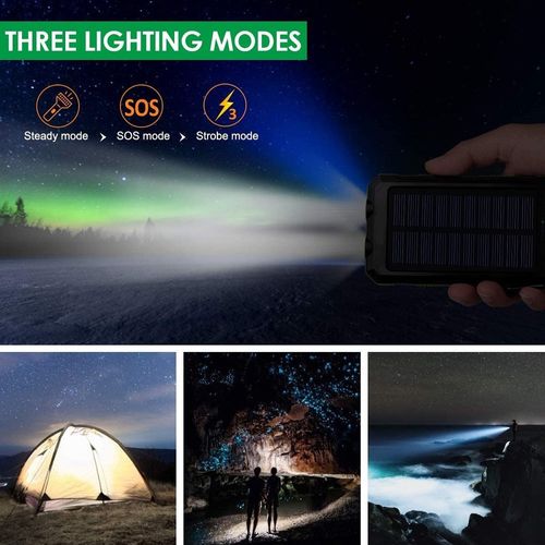 Solar Power Bank: 20000mAh 15W fast charging, 4 built-in cables, 6 outputs, 3 inputs, solar charging, dual flashlights, carabiner, fits all devices.