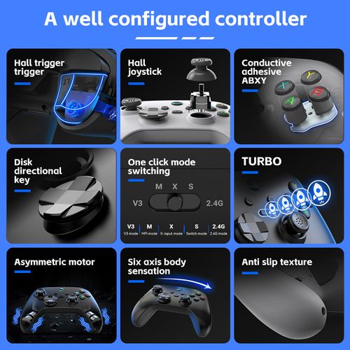 Triple-Mode Wireless Gaming Controller with Hall Joystick & Trigger, Dual Vibration Motors 6-Axis Gyroscope - for Switch, PC, iOS, Android