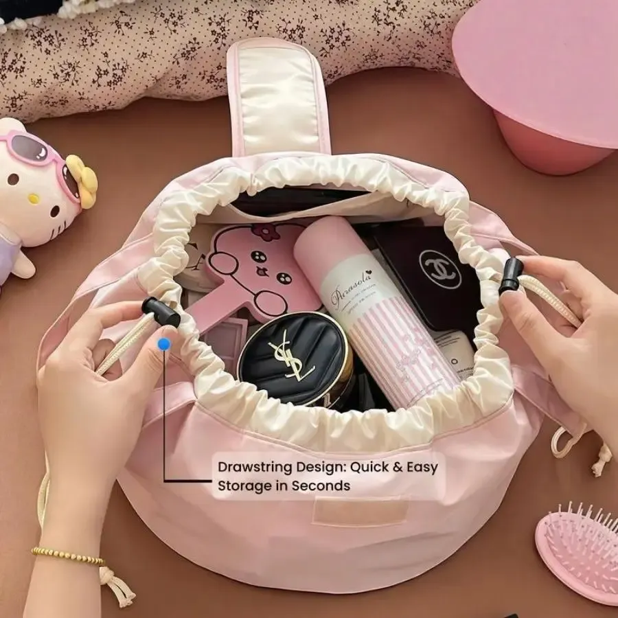 All in One Lazy Drawstring Makeup Bag for Beauty Girls Essential for Home Travel & Business Trips Portable Organized Waterproof Synthetic Material drawstring purse everyday makeup bag Cosmetic Pouch Large Capacity Spacious Premium Material