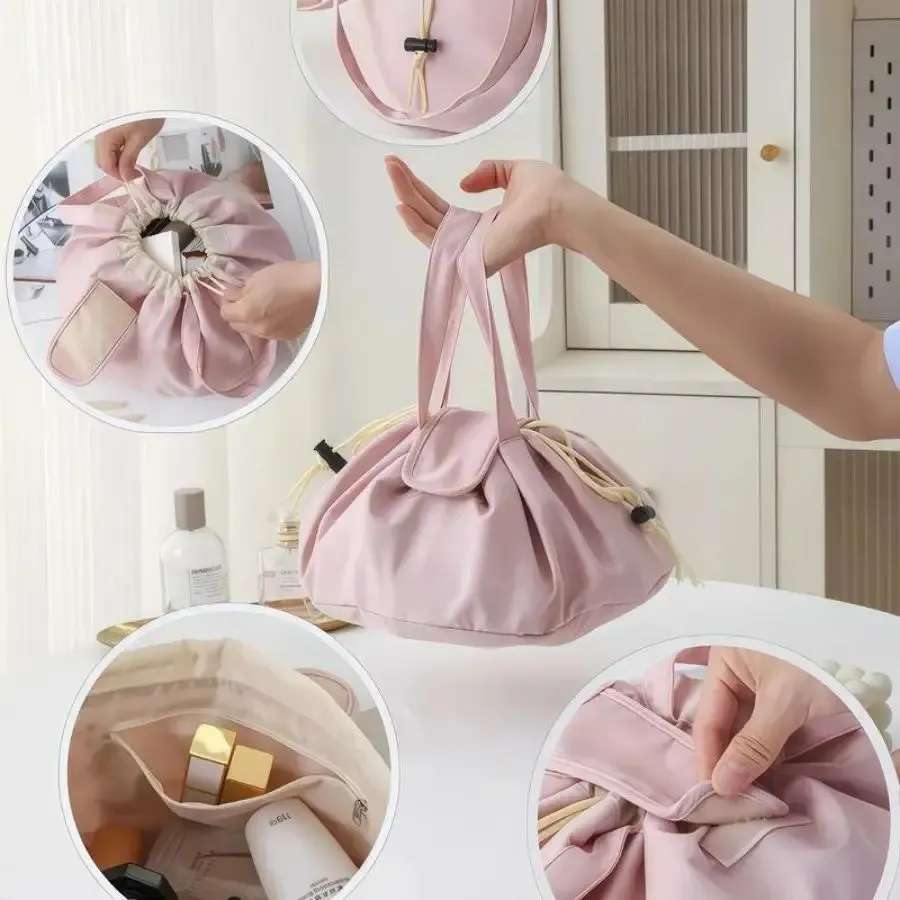 All in One Lazy Drawstring Makeup Bag for Beauty Girls Essential for Home Travel & Business Trips Portable Organized Waterproof Synthetic Material drawstring purse everyday makeup bag Cosmetic Pouch Large Capacity Spacious Premium Material