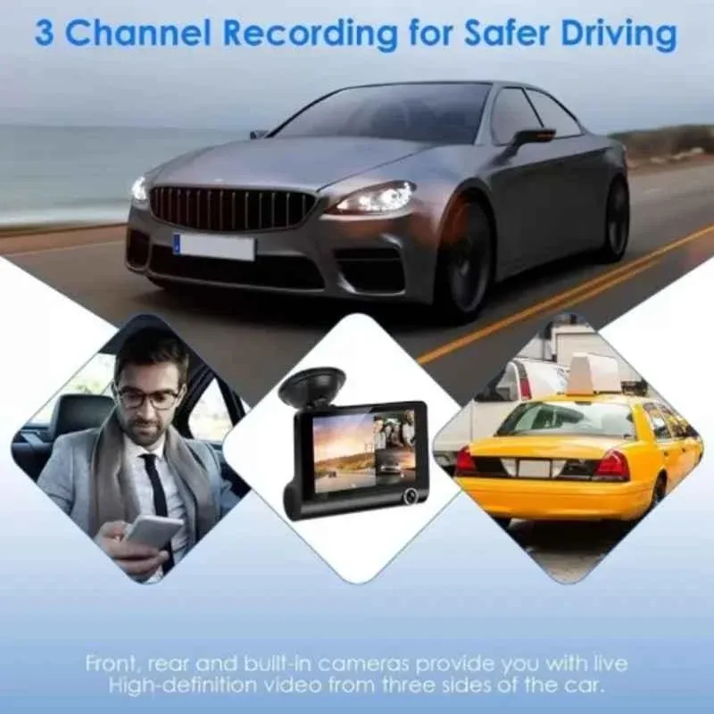OneXsale 1080p Parking Mode Loop Recording Night Vision Dash Cam with 4-inch LCD Screen and 3 Cameras