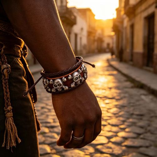 Fashion Beaded Bracelet Cowhide Braided Bracelet Alloy Skull Bracelet