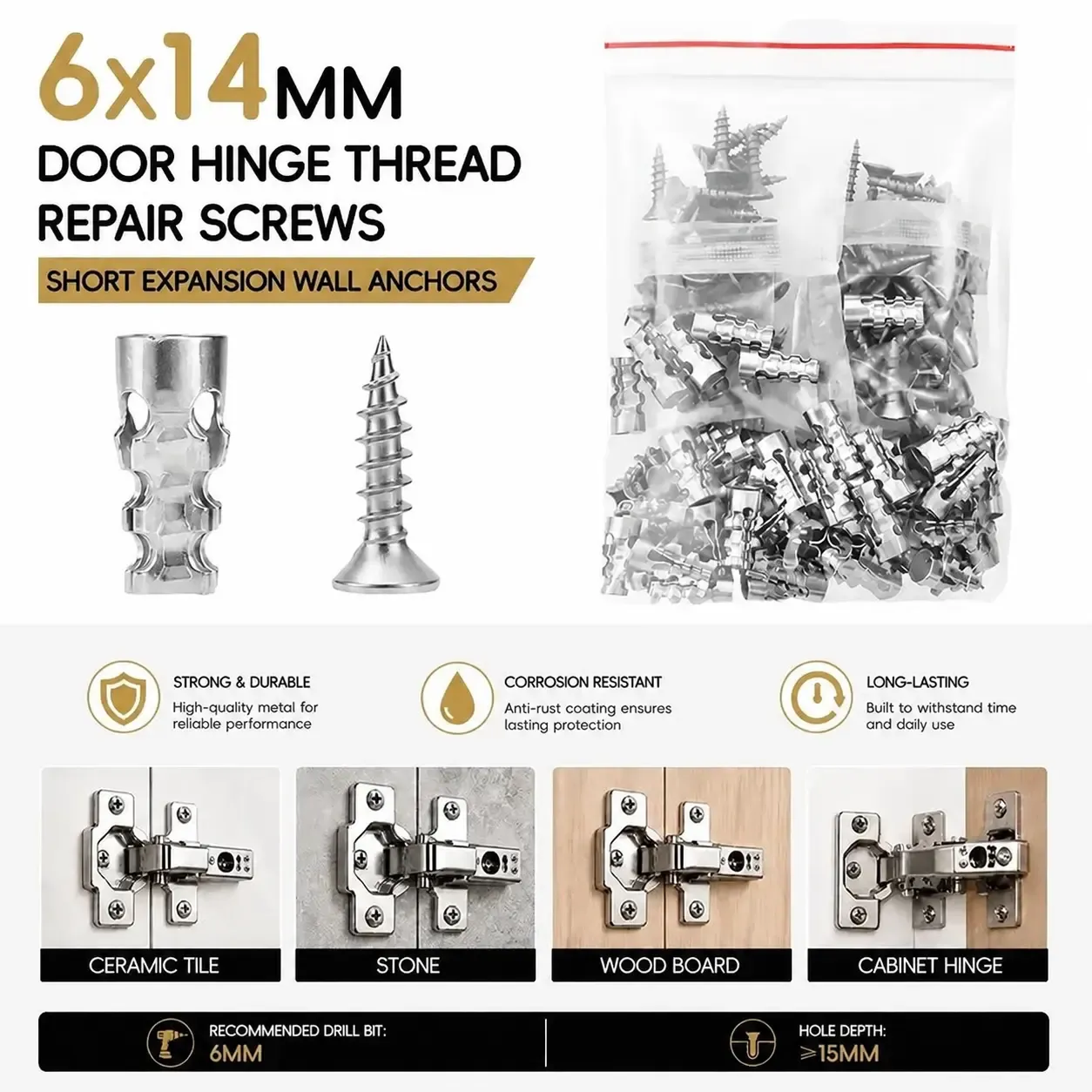🔥Hot Seller 240PCS🔥 COD！Buy 1 Get 2 !  6x14mm Short Expansion Screws Set - 120Pack Door Hinge Thread Repair Fixers for Home Users, Restoration of Cabinet & Tile Mounting , Wall Anchor