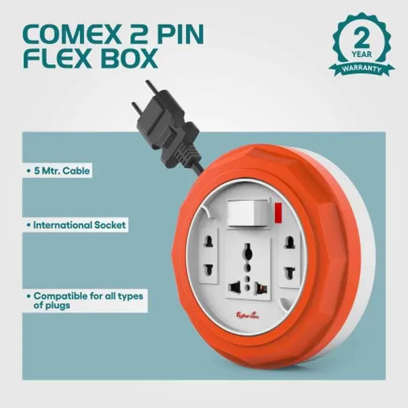 Fybros Comex 10m 2 Pin Plastic Extension Board with Indicator & International Socket, 8092