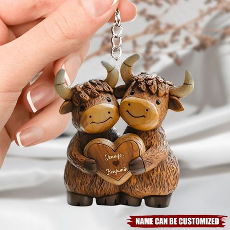 Bonito Highland Cow Couple-Keychain acrílico personalizado