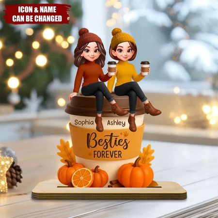 Besties Temporada De Outono Sentado Na Abóbora Spice Latte Placa De Madeira Permanente Personalizada