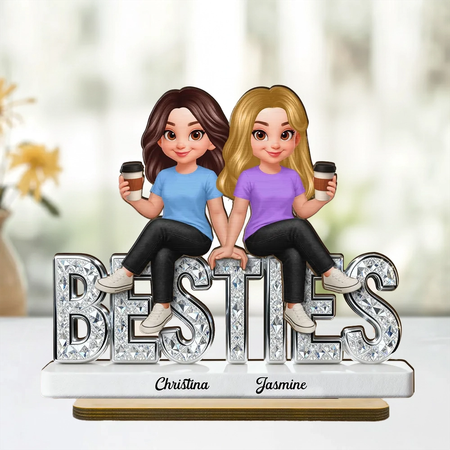 Besties personalizados placa de madeira de 2 camadas, desenhos animados bonitos melhores amigos segurando café, presente original para melhor amigo