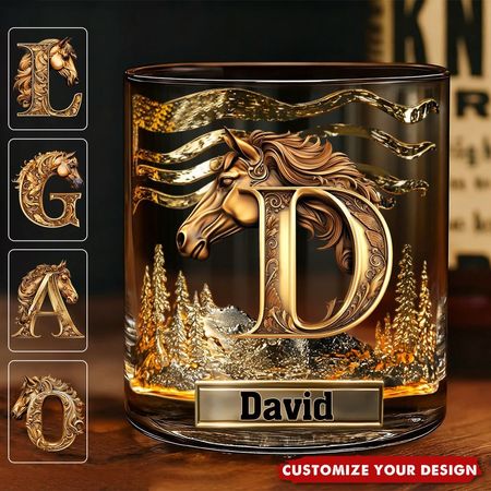Vaso de Whisky Personalizado con Inicial de Caballo y Nombre - Regalo Único para Amantes de los Caballos