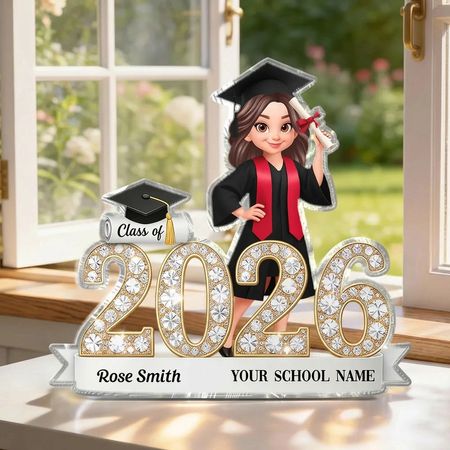 Em Forma De Bloco De Acrílico Placa Sparkly Classe De Grad Menina Segurando Diploma Desk Decor-Único Presente Graduação