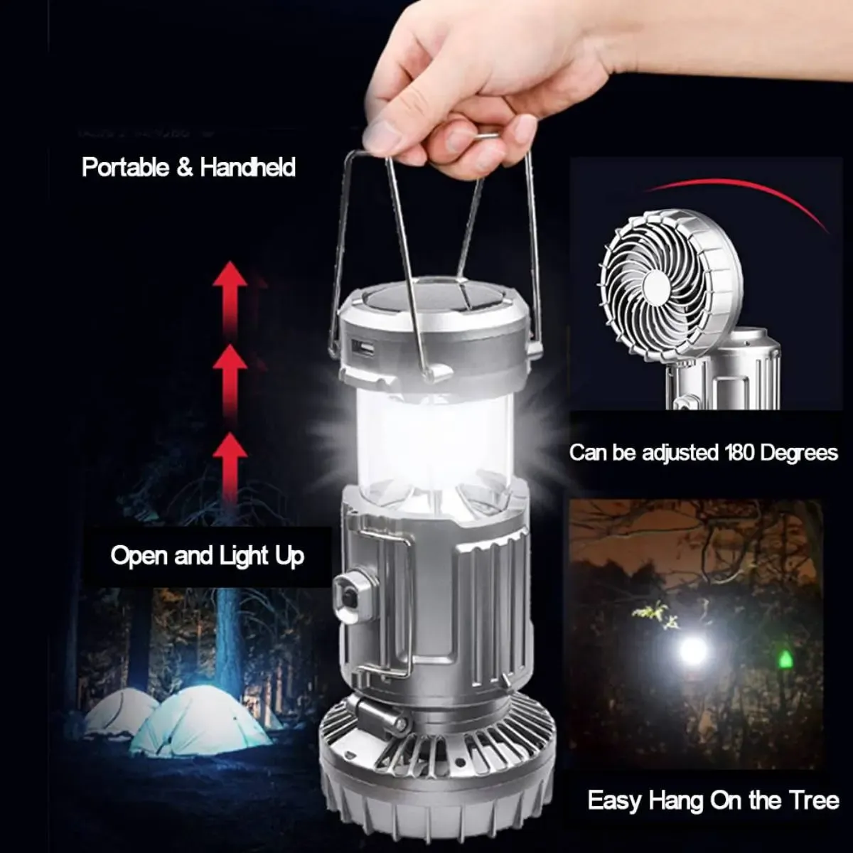 Solar-powered camping light strip fan, rechargeable.
