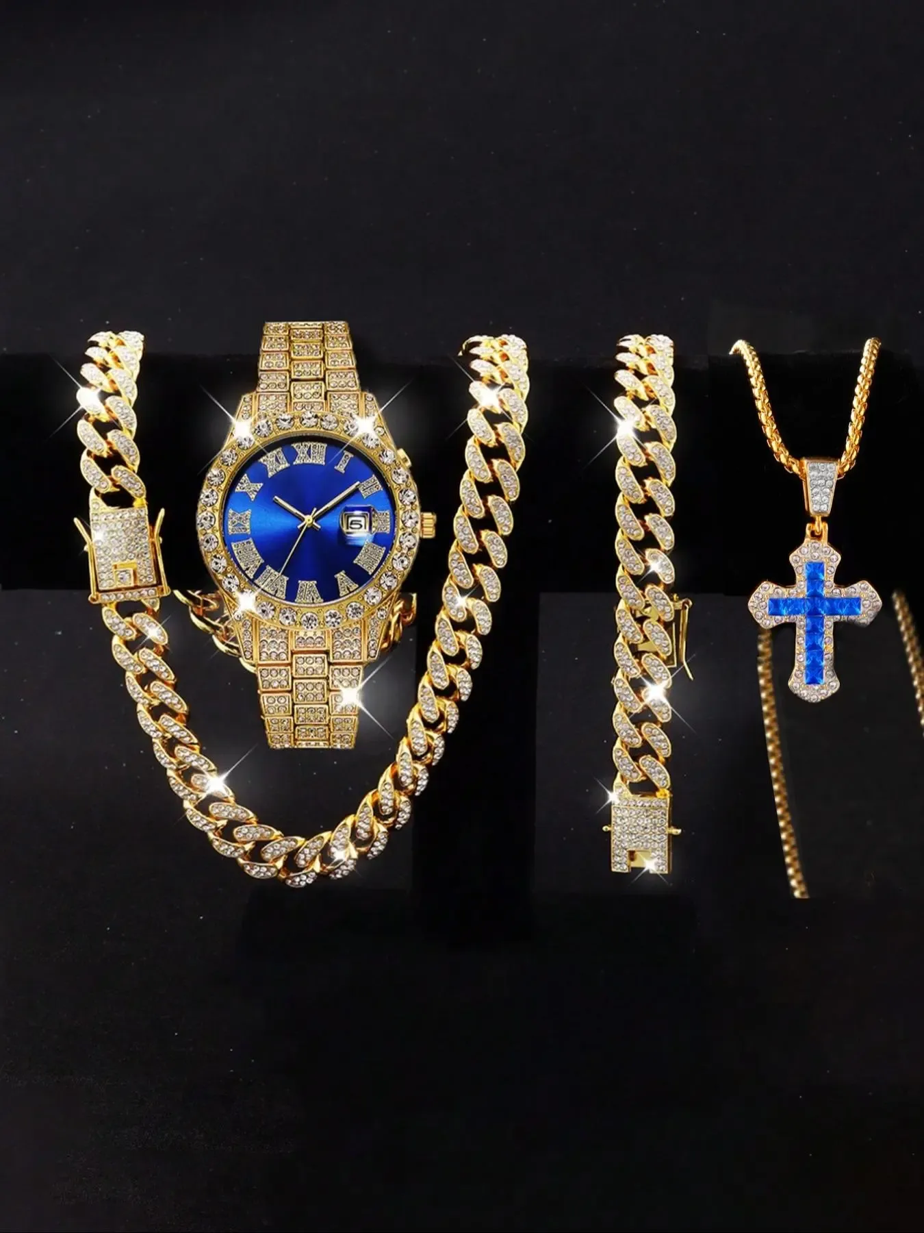 Luxury rhinestone-embellished quartz watch and elegant jewelry set