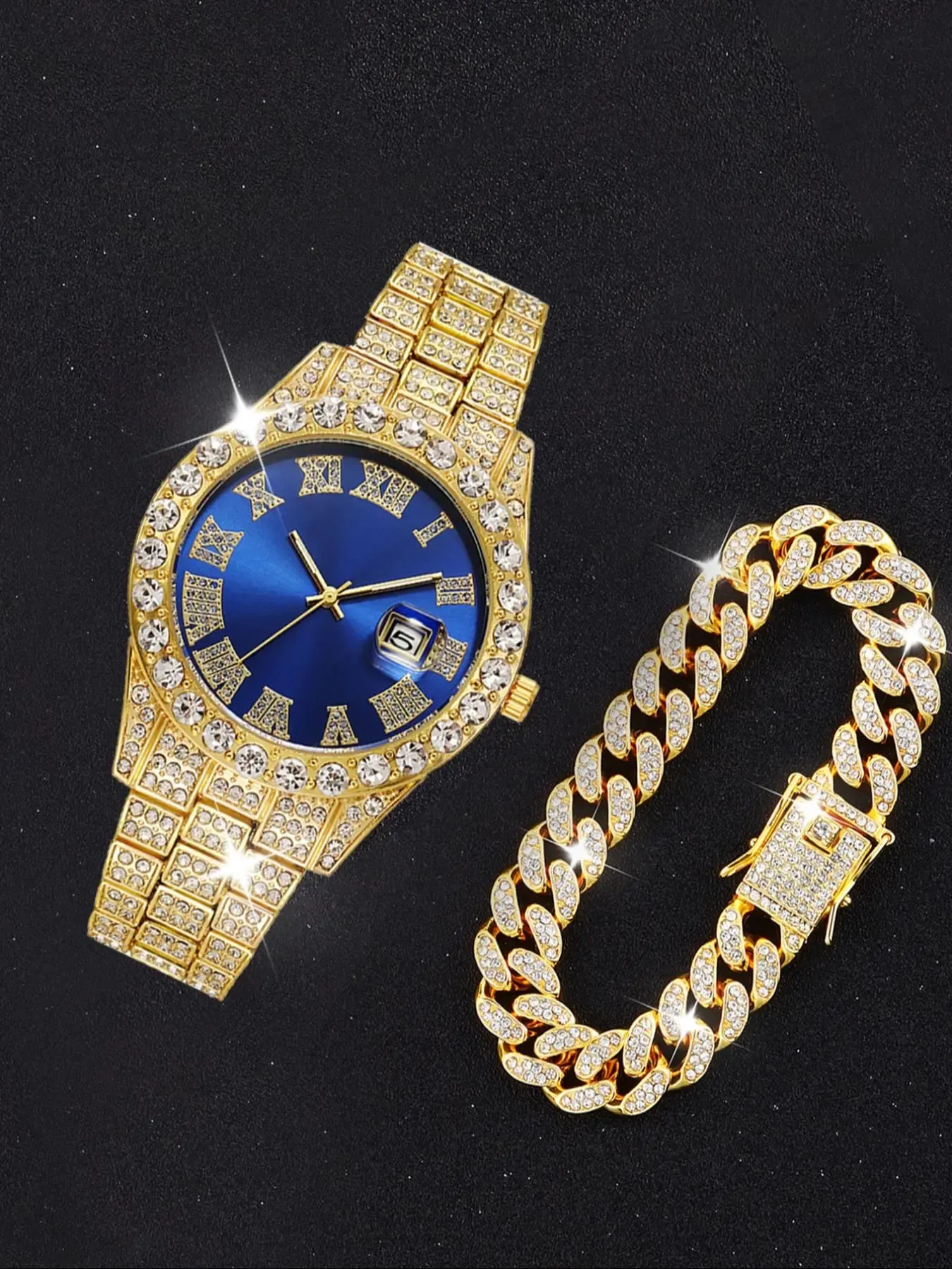 Luxury rhinestone-embellished quartz watch and elegant jewelry set