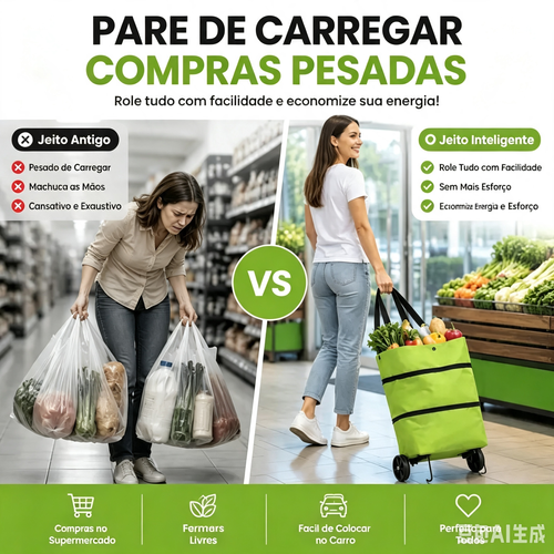 Bolsa tote e carrinho de compras com rodas 2-em-1, sacola de compras dobrável com rodinhas, bolsa de grande capacidade para transportar e arrastar facilmente