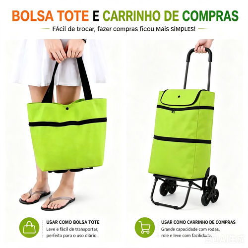 Bolsa tote e carrinho de compras com rodas 2-em-1, sacola de compras dobrável com rodinhas, bolsa de grande capacidade para transportar e arrastar facilmente