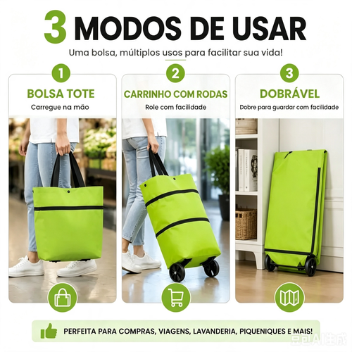 Bolsa tote e carrinho de compras com rodas 2-em-1, sacola de compras dobrável com rodinhas, bolsa de grande capacidade para transportar e arrastar facilmente