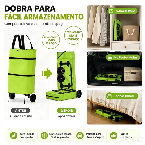 Bolsa tote e carrinho de compras com rodas 2-em-1, sacola de compras dobrável com rodinhas, bolsa de grande capacidade para transportar e arrastar facilmente