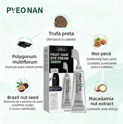 Creme de Coloração Capilar com Pente à Base de Frutas para Cobrir Cabelos Brancos – Creme de Tinta Sem Amônia para Homens e Mulheres, Pronto para Uso sem Necessidade de Misturar, Fórmula com Essência de Frutas de Longa Duração que Não Mancha, 80ml