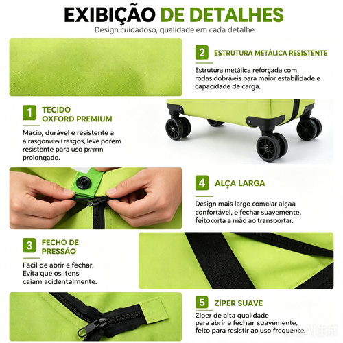 Bolsa tote e carrinho de compras com rodas 2-em-1, sacola de compras dobrável com rodinhas, bolsa de grande capacidade para transportar e arrastar facilmente