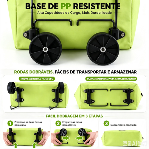Bolsa tote e carrinho de compras com rodas 2-em-1, sacola de compras dobrável com rodinhas, bolsa de grande capacidade para transportar e arrastar facilmente