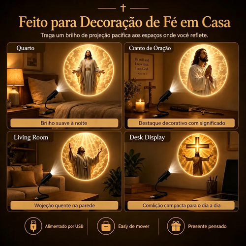Projetor de Luz Imagem Jesus, 6 Slides Intercambiáveis, Pescoço Flexível, Decoração Casa Cristã e Canto de Oração