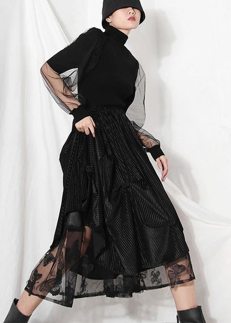 Casual Black velour Patchwork asymmetrical design Skirt