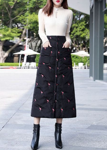 DIY Black Embroidered Button Fine Cotton Filled Skirt Winter