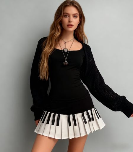 Piano Keyboard Pleated Skirt & Black Knit Cardigan Set - a Melody for Your Wardrobe