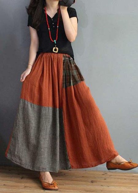 Women Plaid Patchwork Elastic Waist Swing Skirt With Pocket