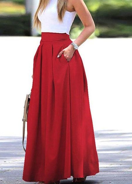 Women Solid Color High Waist Big Swing Zipper Casual Loose Long Skirt With Pocket