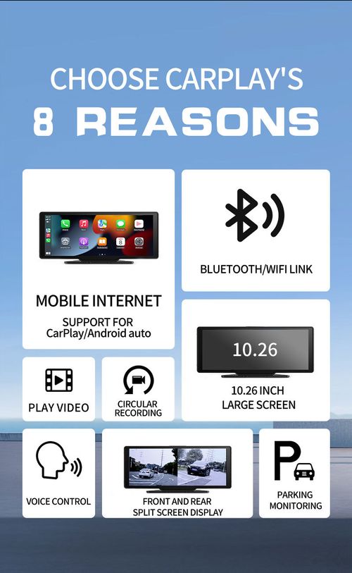10.26 Inch Portable Car Smart Display: Wireless CarPlay, Android Auto, 1080P Dash Camera, Reverse View, GPS, FM Radio, For All Vehicles