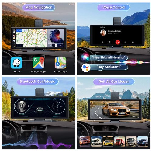 10.26 Inch Portable Car Smart Display: Wireless CarPlay, Android Auto, 1080P Dash Camera, Reverse View, GPS, FM Radio, For All Vehicles
