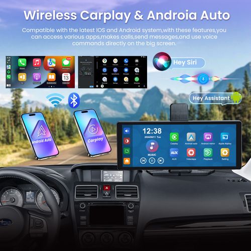 10.26 Inch Portable Car Smart Display: Wireless CarPlay, Android Auto, 1080P Dash Camera, Reverse View, GPS, FM Radio, For All Vehicles