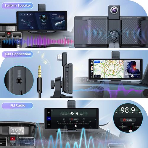 10.26 Inch Portable Car Smart Display: Wireless CarPlay, Android Auto, 1080P Dash Camera, Reverse View, GPS, FM Radio, For All Vehicles