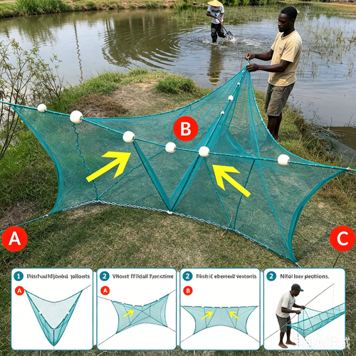 10M Large V-Shaped Fishing Net Trap With Floating Buoys, Heavy Duty Nylon Fish Shrimp Catching Net, Foldable Barrier Fishing Cage For River, Pond, Lake, Farm Aquaculture, All Season Fish Trap Net For African Fishermen