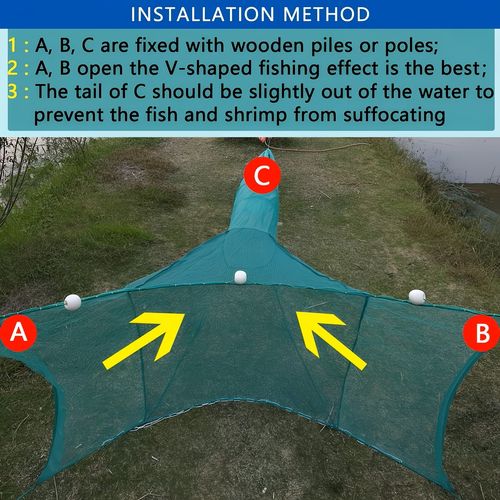 10M Large V-Shaped Fishing Net Trap With Floating Buoys, Heavy Duty Nylon Fish Shrimp Catching Net, Foldable Barrier Fishing Cage For River, Pond, Lake, Farm Aquaculture, All Season Fish Trap Net For African Fishermen