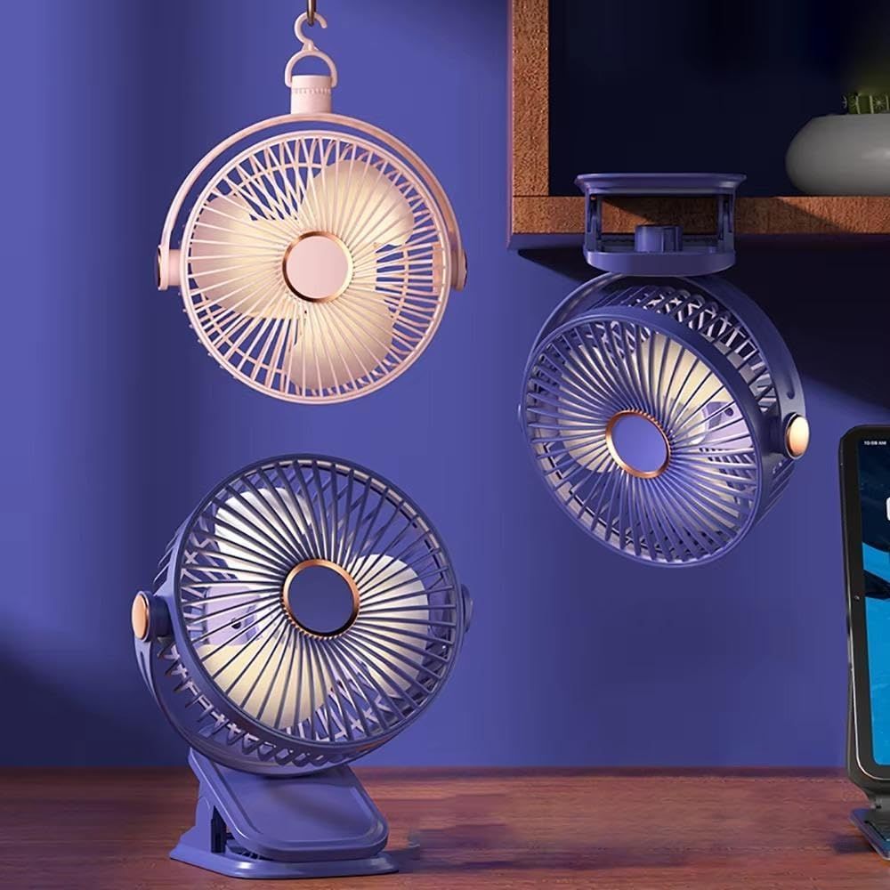 3 in 1 Portable Clip Fan with Hook, 360° Adjustable Desk Fan with 3-speed LED Light, 5 Speeds Quiet Cooling Fan, Strong Wind